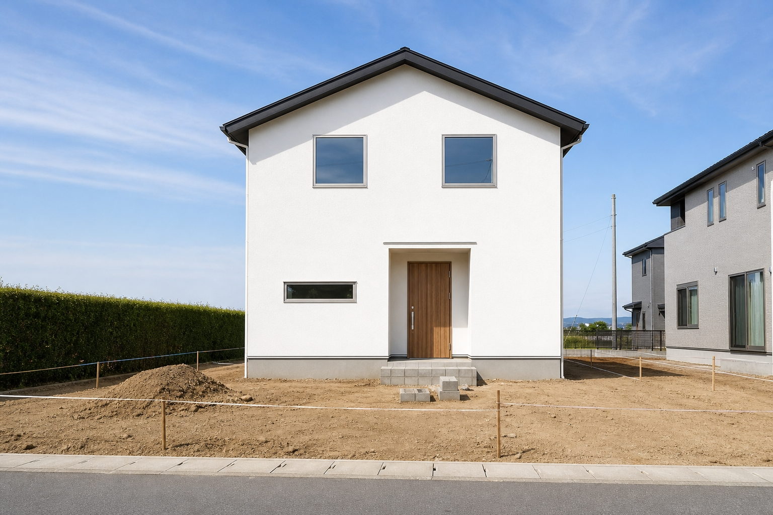 外構工事の前。建物の前面は土がむき出しで、仮設の杭と紐が張られている