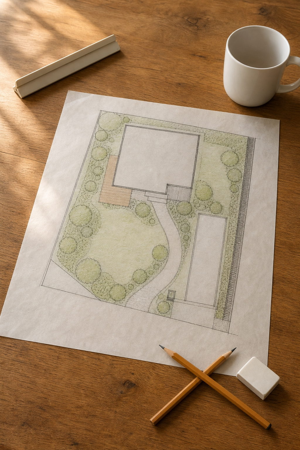 机の上に広げた手描きの庭の平面図と鉛筆