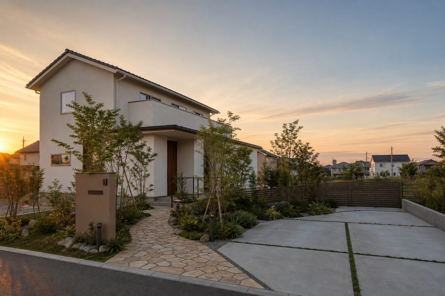 夕方の光が当たる住宅の外構。門柱とアプローチ、駐車スペース、植栽が整っている